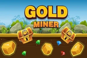 Na obrazku widać dwa skrzynie ze złotem oraz klejnoty zakopane w ziemi, z napisem Gold Miner na górze, na tle skał i roślinności