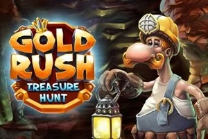 Kreskówkowy górnik z lampą w ręku stoi w kopalni obok kolorowego napisu Gold Rush Treasure Hunt