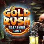Kreskówkowy górnik z lampą w ręku stoi w kopalni obok kolorowego napisu Gold Rush Treasure Hunt