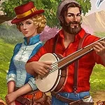 Para w stroju retro w idyllicznej scenerii, kobieta w kapeluszu i mężczyzna z brodą grający na banjo