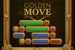 Złote i wielokolorowe prostokątne bloki ułożone w stos na czarnym tle z napisem GOLDEN MOVE QUEST