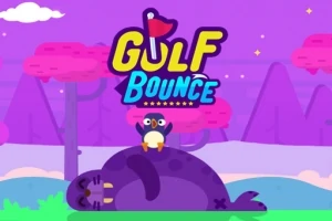 Fioletowy mors leży na ziemi z pingwinem na brzuchu, w tle różowe drzewa i fioletowe góry, z napisem GOLF BOUNCE u góry