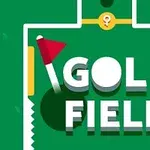 Napis Golf Field na zielonym tle z czerwonym trójkątnym proporczykiem i cieniami