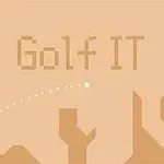 Beżowe tło z napisem „Golf IT” i piłką golfową lecącą w kierunku dołka z flagą