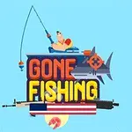 Mężczyzna w kapoku łowi ryby na tle napisu Gone Fishing z wizerunkiem rekina i karabinu