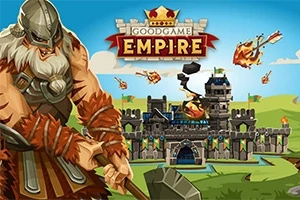 Goodgame Empire Wiking z toporem na pierwszym planie i atakowana średniowieczna twierdza w tle