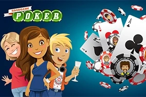 Trzy postacie animowane z żetonami pokerowymi i kartami na tle