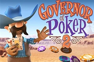 Kreskówkowa postać kowboja trzyma karty do gry, z żetonami pokerowymi w tle oraz dużym napisem Governor of Poker 2