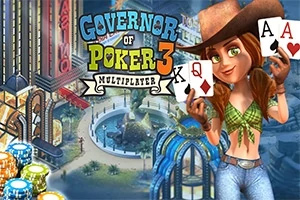 Governor of Poker 3 Kobieta w kowbojskim kapeluszu trzymająca karty do pokera na tle kolorowych budynków i żetonów