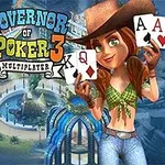 Governor of Poker 3 Kobieta w kowbojskim kapeluszu trzymająca karty do pokera na tle kolorowych budynków i żetonów