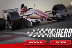Samochód wyścigowy na torze z kierowcą w kasku, z logo i przyciskami „HOW TO PLAY” oraz „PLAY NOW” na dole