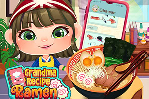 Dziewczynka z brązowymi włosami i zielonymi oczami przed miseczką ramen, obok telefonu z przepisem