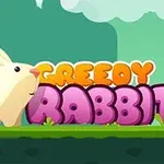 Krótki opis polski: Kreskówkowy biały królik stoi na tle napisu „Greedy Rabbit” w kolorowych literach w krajobrazie w stylu animacji