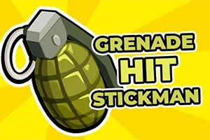 Granat ręczny w stylu kreskówkowym na żółtym tle z napisem Grenade Hit Stickman