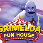 Fioletowa postać biegnąca w stronę widza na fioletowym tle z napisem Grimelda Fun House, otoczona kolorowymi kubkami z napojami