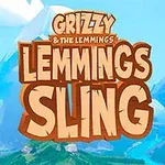 Fioletowy stworek z dużymi oczami na tle gór i nieba z napisem Lemmings Sling