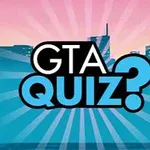 Niebiesko-różowe tło miasta z napisem GTA QUIZ?