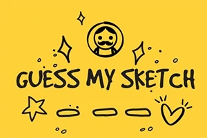 Żółte tło z napisem GUESS MY SKETCH, symbolem gwiazdy i serca oraz prostym rysunkiem postaci z wąsami