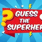 Kolorowy napis Guess the Superhero na niebieskim tle z promieniami i ikonami błyskawic oraz znakami zapytania