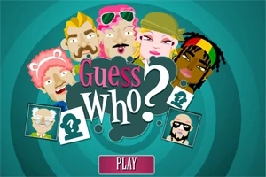 Kolorowa grafika przedstawiająca różnorodne postacie z napisem Guess Who?