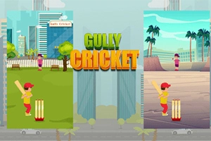Dwóch chłopców grających w krykieta na tle miejskiego krajobrazu i plaży, z dużym napisem Gully Cricket w centrum