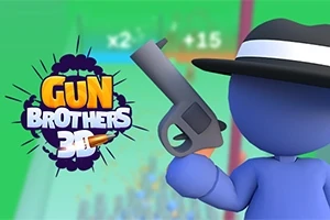 Postać w kapeluszu trzymająca pistolet i kolorowy napis Gun Brothers 3D na zielonym tle