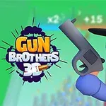 Postać w kapeluszu trzymająca pistolet i kolorowy napis Gun Brothers 3D na zielonym tle