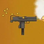 Czarny pistolet maszynowy strzelający, z płomieniem i dymem z lufy oraz wystrzelonymi łuskami, na pomarańczowym tle