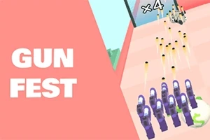 Napis Gun Fest po lewej stronie oraz rząd fioletowych pistoletów strzelających pociskami w kierunku celu na jasnoróżowym tle