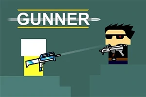 Dwóch postaci w stylu pixel-art celuje do siebie z broni palnej, z napisem GUNNER u góry