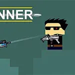 Dwóch postaci w stylu pixel-art celuje do siebie z broni palnej, z napisem GUNNER u góry