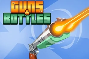 Pistolet wystrzeliwujący pociski na tle niebieskiego nieba z pomarańczowym napisem Guns & Bottles
