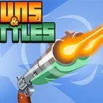 Pistolet wystrzeliwujący pociski na tle niebieskiego nieba z pomarańczowym napisem Guns & Bottles