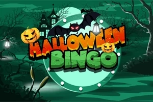 Napis Halloween Bingo z dyniami i latającym nietoperzem na tle nawiedzonego domu i cmentarza