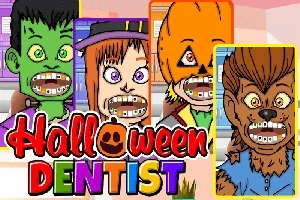 Cztery postacie o przerażających twarzach z aparatem ortodontycznym, kolorowy napis Halloween Dentist w tle