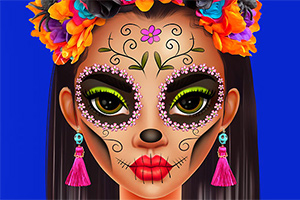 Kobieta z ozdobnym makijażem Catrina, z kwiatami we włosach, na niebieskim tle