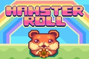 Sympatyczny chomik z kwiatkiem, z tęczą w tle i napisem w pixel-artowym stylu