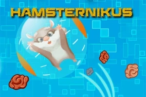 Chomik w przezroczystej kuli na tle niebieskich geometrycznych wzorów z rozrzuconymi symbolami mózgów