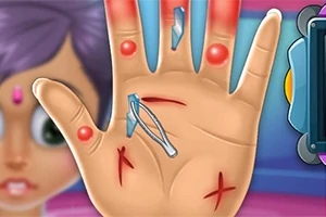 Hand Doctor Dłoń z czerwonymi plamami, skaleczeniami i cążkami do usuwania drzazg, w tle twarz postaci