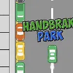 Samochody zaparkowane równolegle w dwóch rzędach wzdłuż ulicy z napisem Handbrake Park na środku