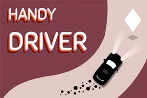 Czarny samochód skręcający na zakręcie z oświetleniem przednim, na tle którego widnieje napis Handy Driver