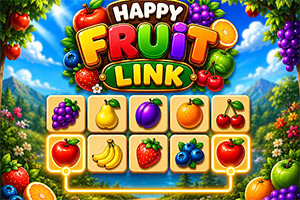 Kolorowy ekran z napisem „Happy Fruit Link, otoczony owocami, z planszą kafelków przedstawiających winogrona, gruszki, śliwki, pomarańcze, wiśnie i truskawki