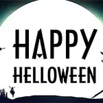 Napis Happy Helloween na tle dużego księżyca, w otoczeniu nawiedzonego domu, drzew i lecących nietoperzy