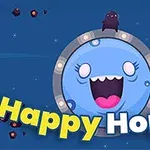 Śmieszny niebieski stworek z otwartymi ustami i mały czarny stworek na nim, otoczony kolorowymi elementami na niebieskim tle z napisem Happy Hopper
