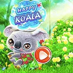 Urocza ilustracja z koalą w bajkowym ogrodzie pełnym żółtych kwiatów, z dużym przyciskiem do gry