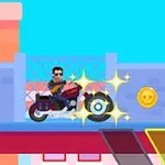 Mężczyzna na motocyklu zbiera złotą monetę na kolorowej platformie z niebieskim tłem