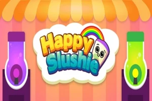 Kolorowy napis Happy Slushie z uśmiechniętą kostką lodu i tęczą, otoczony dwoma kolorowymi dystrybutorami napojów na tle w stylu sklepowym