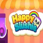 Kolorowy napis Happy Slushie z uśmiechniętą kostką lodu i tęczą, otoczony dwoma kolorowymi dystrybutorami napojów na tle w stylu sklepowym