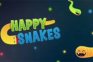 Kolorowe uśmiechnięte węże na ciemnym tle z napisem Happy Snakes otoczonym małymi, świecącymi punktami