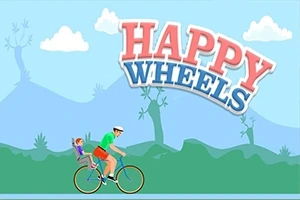 Mężczyzna z dzieckiem na rowerze i duży napis HAPPY WHEELS na tle krajobrazu z drzewami i niebem